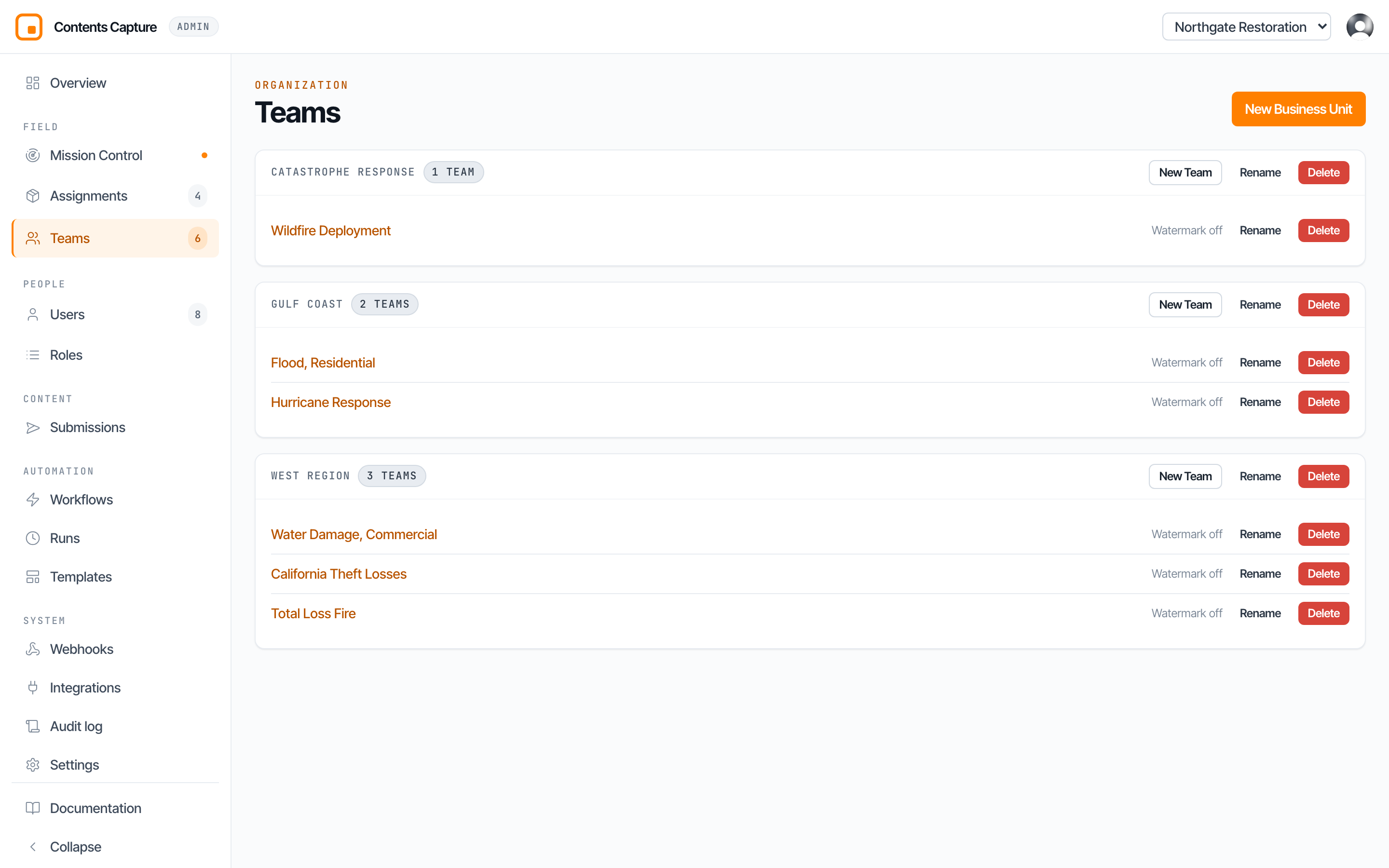 The Teams page showing business units and their teams