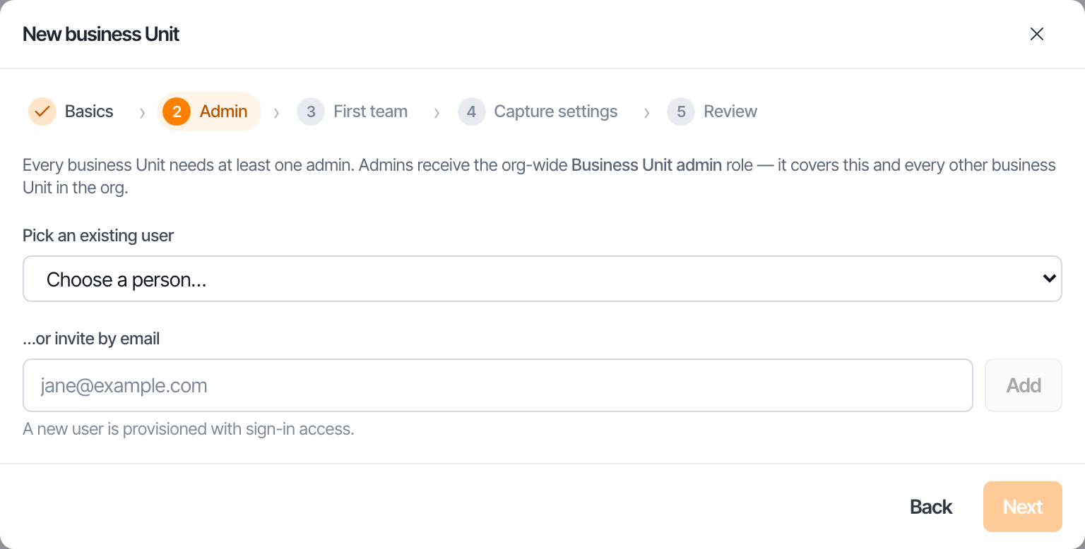 Step two, choosing the business unit admin