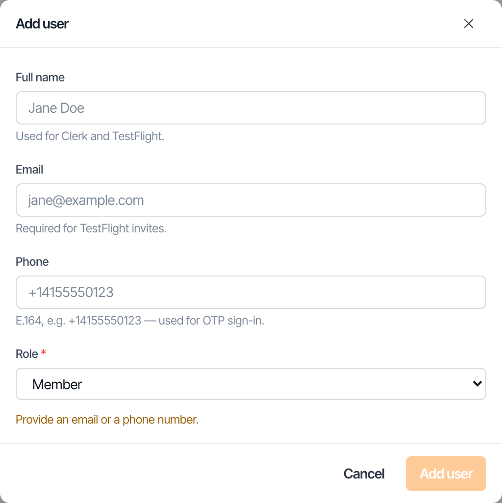 The Add user dialog