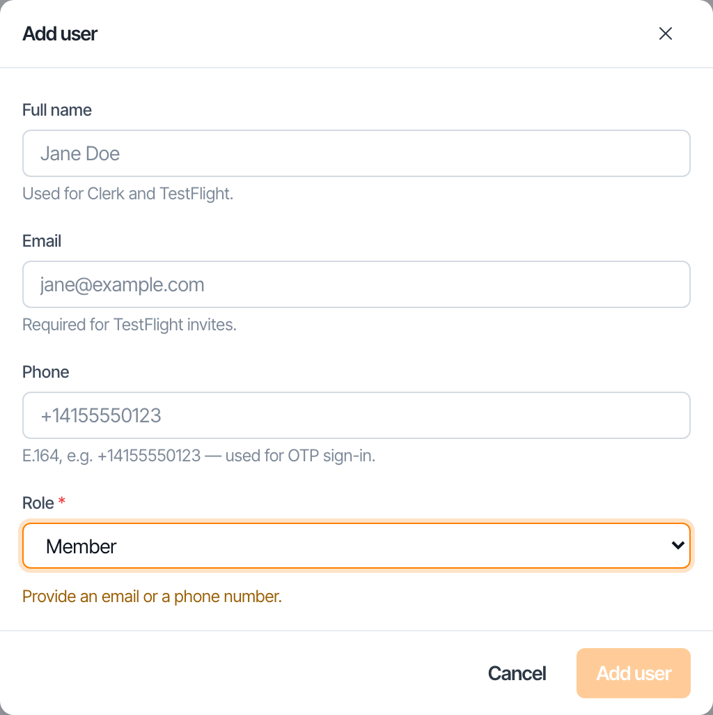 The role dropdown in the Add user dialog