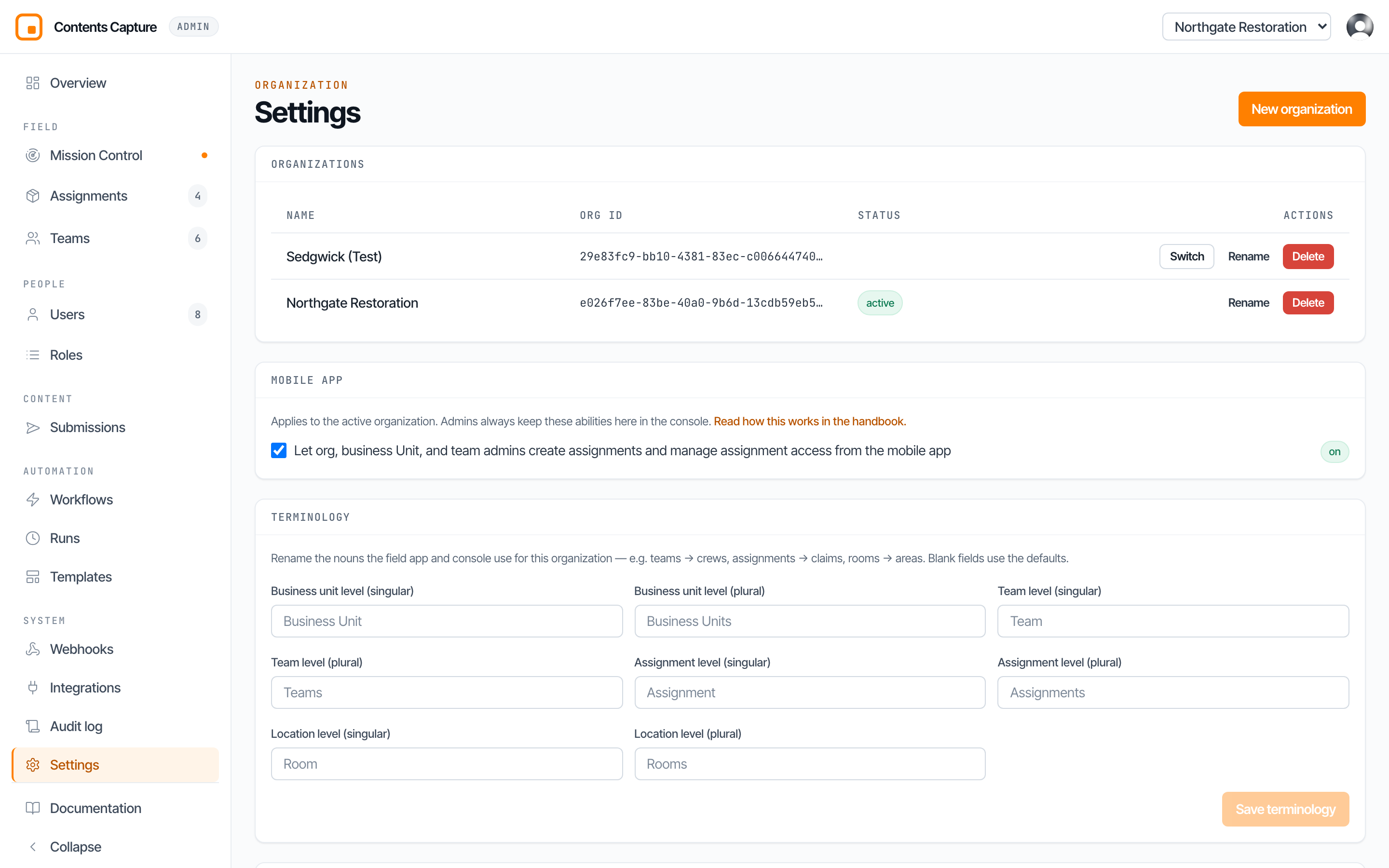 The organization Settings page