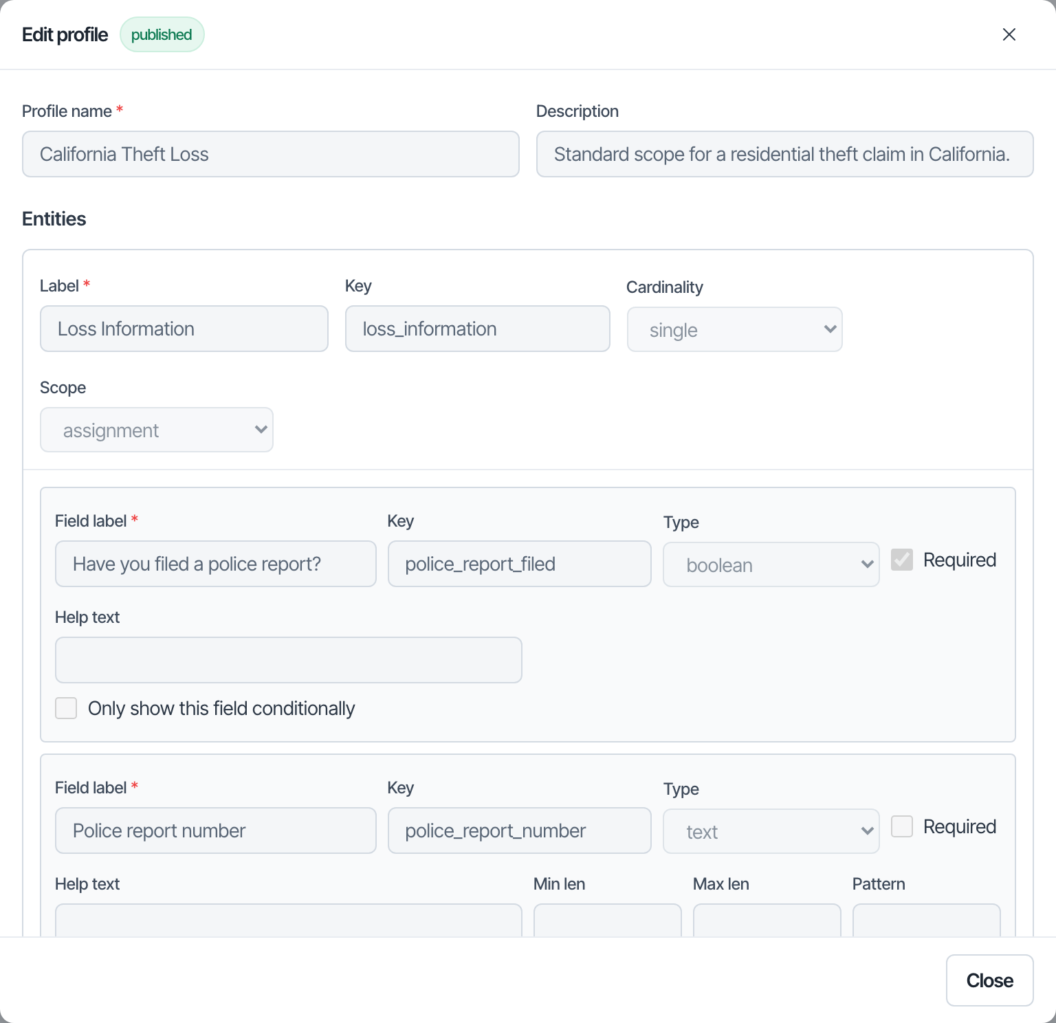 A profile in the builder, with the publish action