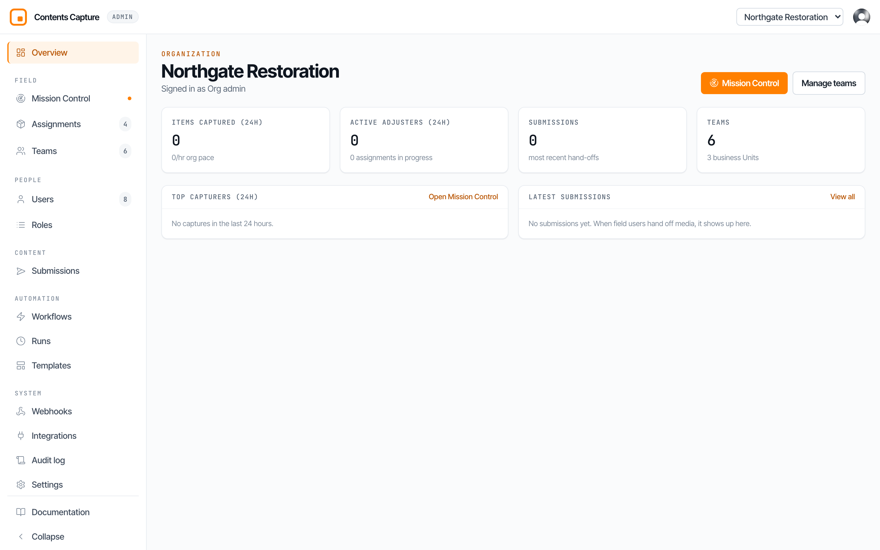 The Overview page after signing in
