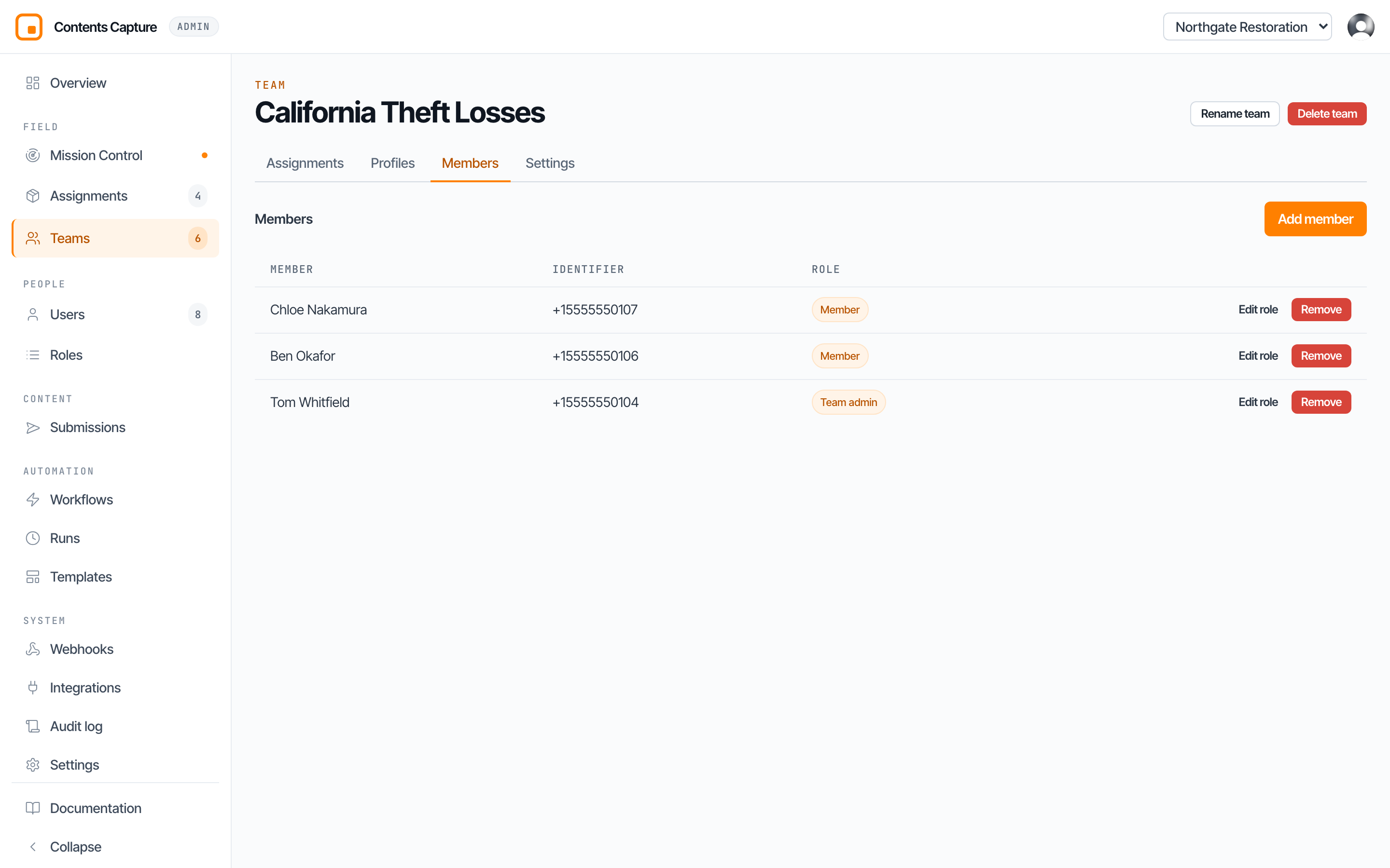 The team members tab